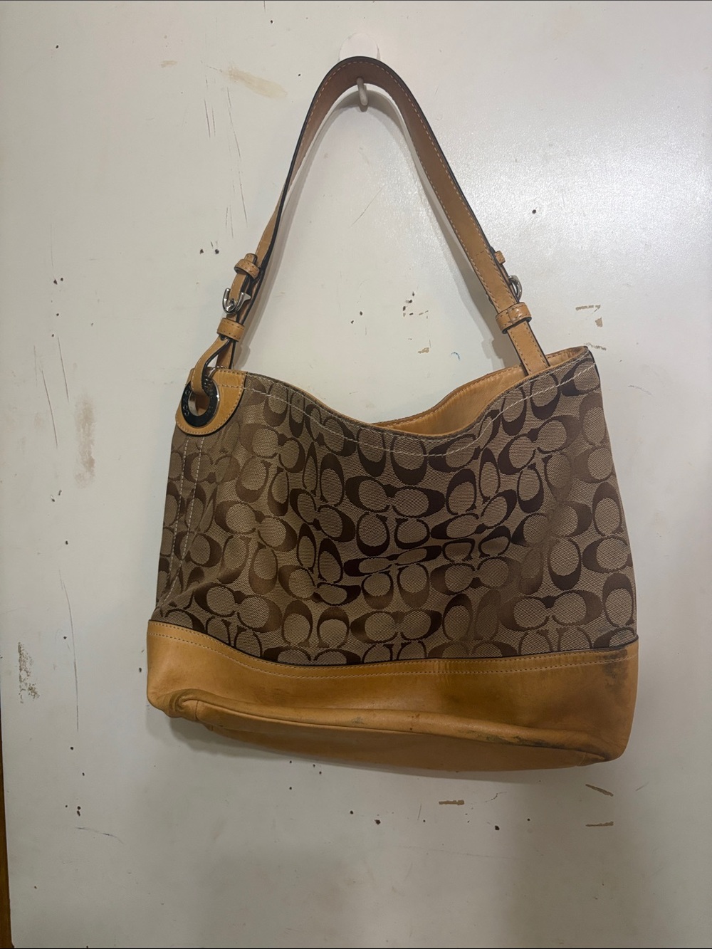Coach Monogram Canvas Shoulder Bag in Brown and Tan